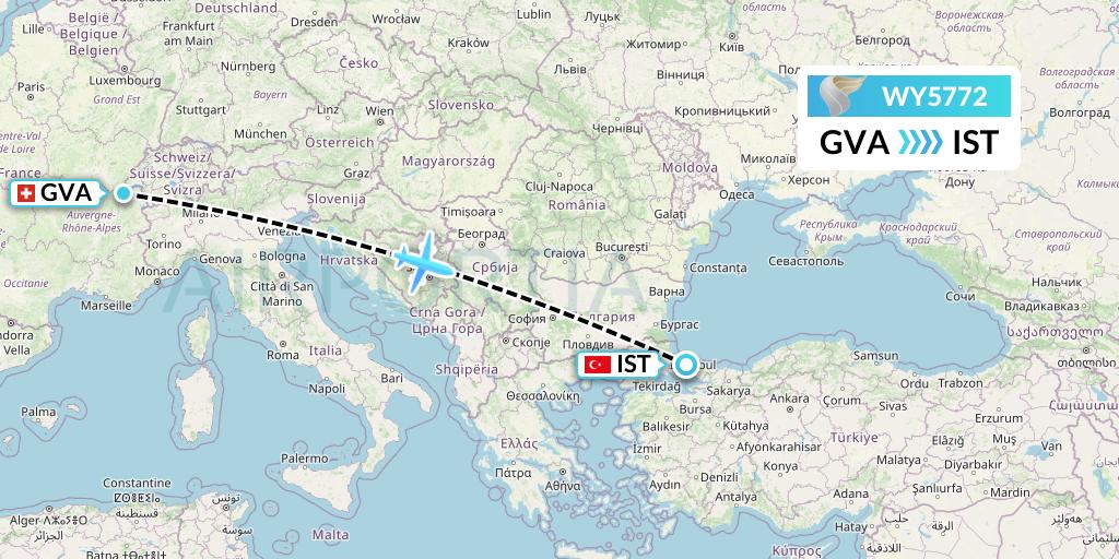 WY5772 Oman Air Flight Map: Geneva to Istanbul