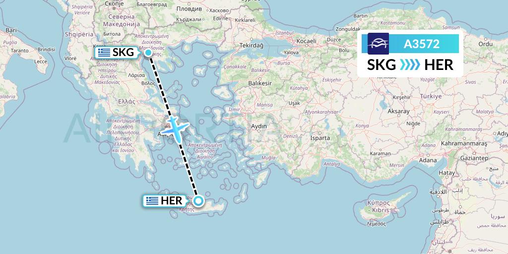 A3572 Aegean Airlines Flight Map: Thessaloniki to Heraklion