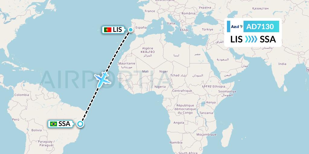 AD7130 Azul Brazilian Airlines Flight Map: Lisbon to Salvador