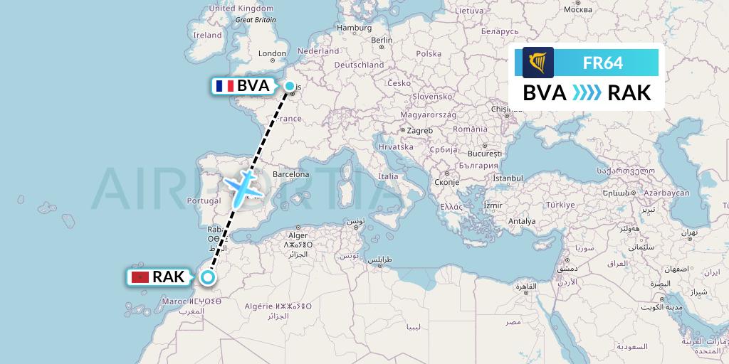 FR64 Ryanair Flight Map: Paris to Marrakesh 