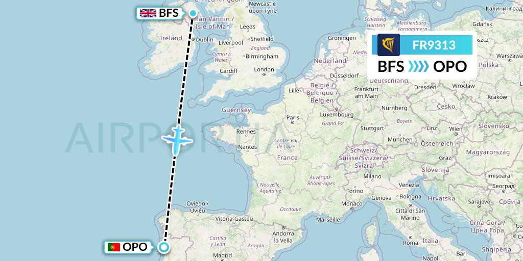 FR9313 Ryanair Flight Map: Belfast to Porto
