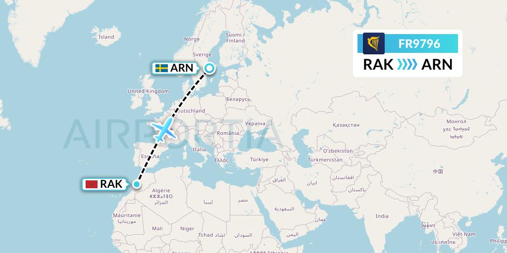 FR9796 Ryanair Flight Map: Marrakesh to Stockholm