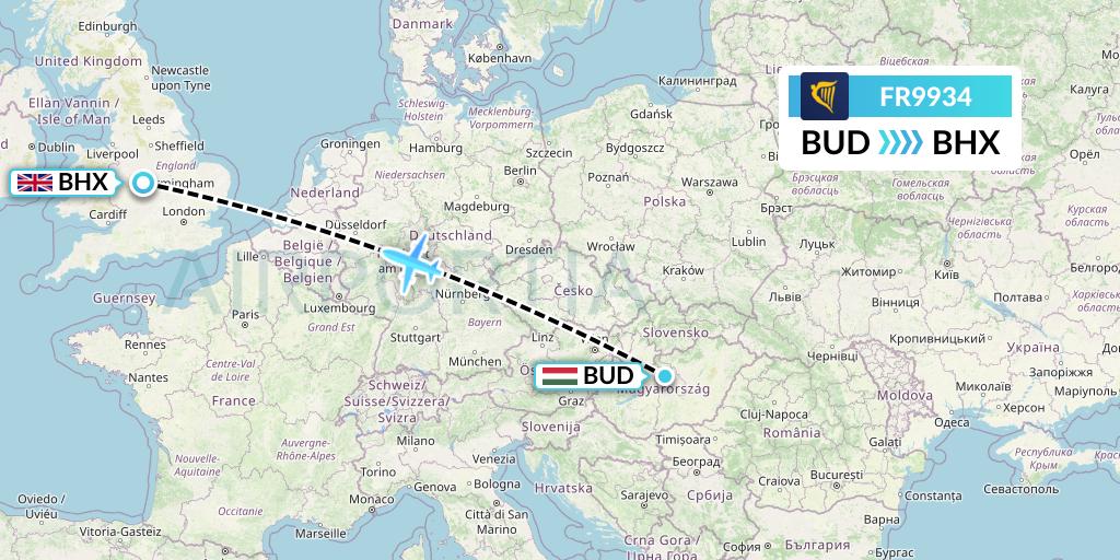 FR9934 Ryanair Flight Map: Budapest to Birmingham