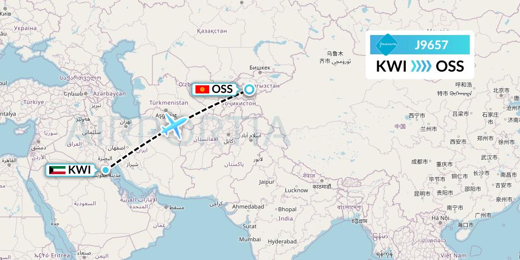 J9657 Jazeera Airways Flight Map: Kuwait City to Osh