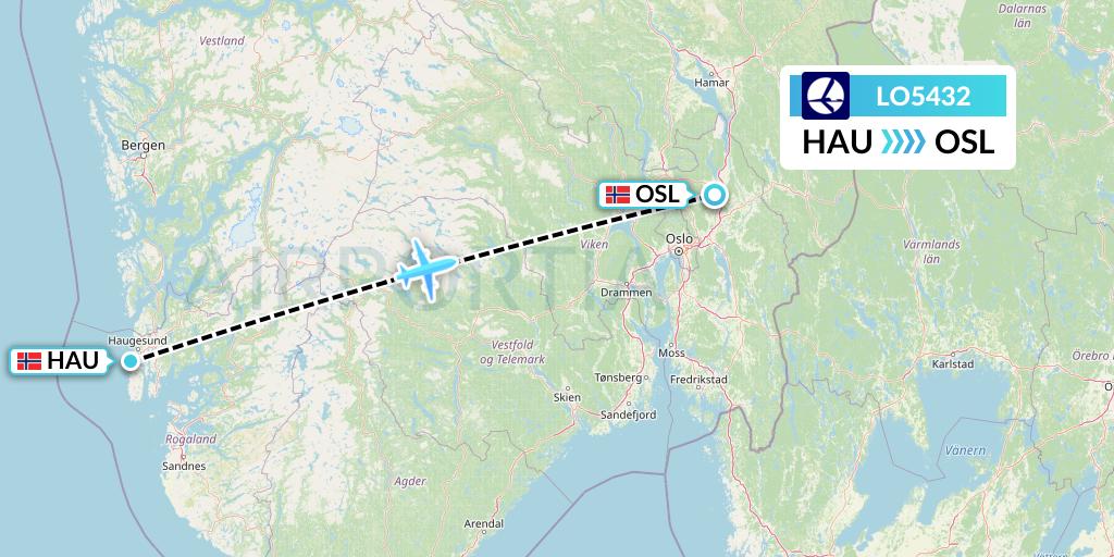 LO5432 LOT Flight Map: Haugesund to Oslo