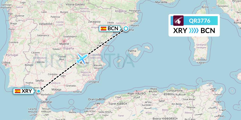 QR3776 Qatar Airways Flight Map: Jerez to Barcelona