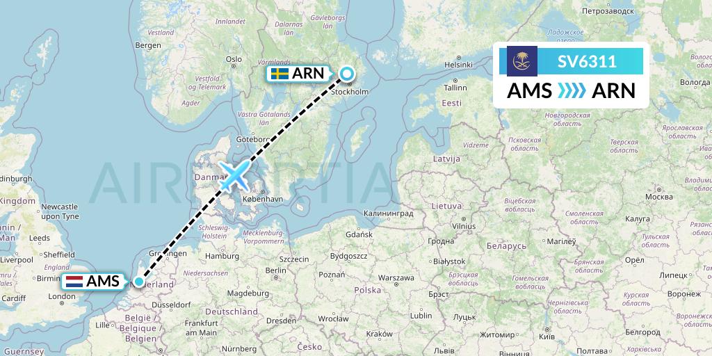 SV6311 Saudi Arabian Airlines Flight Map: Amsterdam to Stockholm