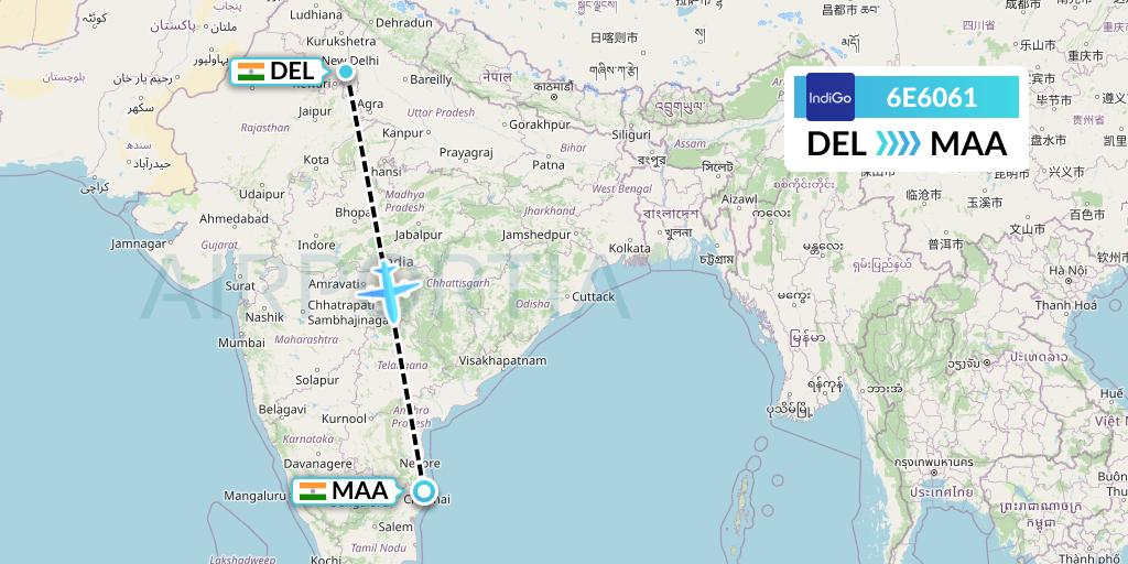 6E6061 IndiGo Airlines Flight Map: Delhi to Chennai