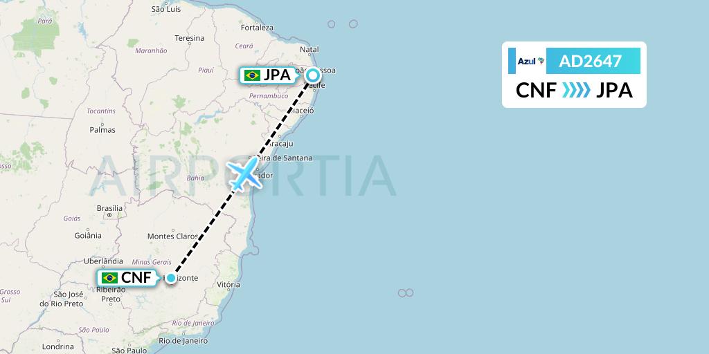 AD2647 Azul Brazilian Airlines Flight Map: Belo Horizonte to Joao Pessoa