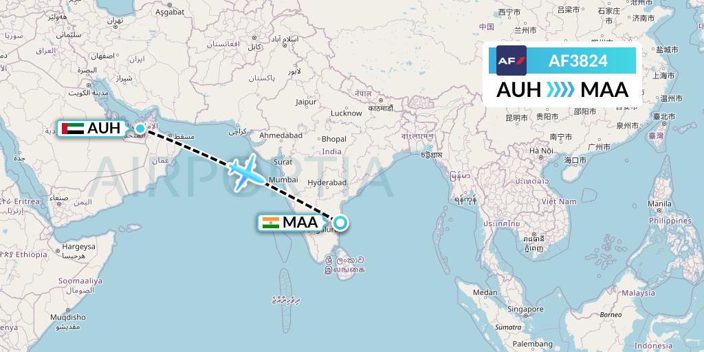 AF3824 Air France Flight Map: Abu Dhabi to Chennai
