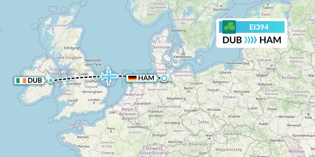 EI394 Aer Lingus Flight Map: Dublin to Hamburg