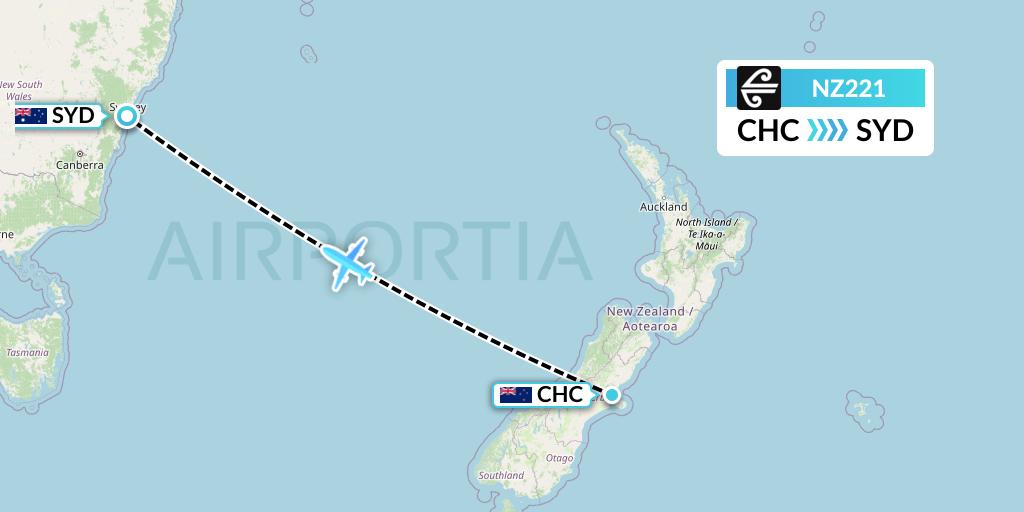NZ221 Air New Zealand Flight Map: Christchurch to Sydney