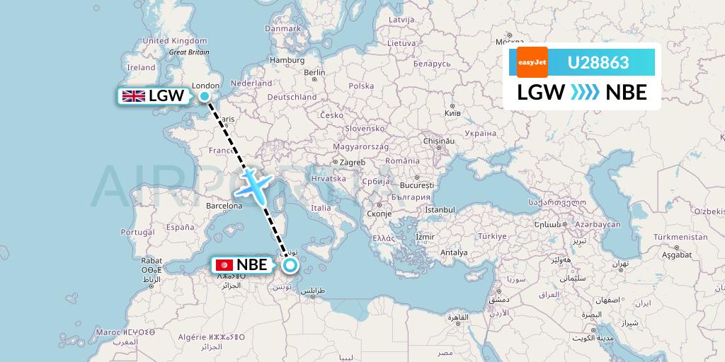 U28863 EasyJet Flight Map: London to Enfidha