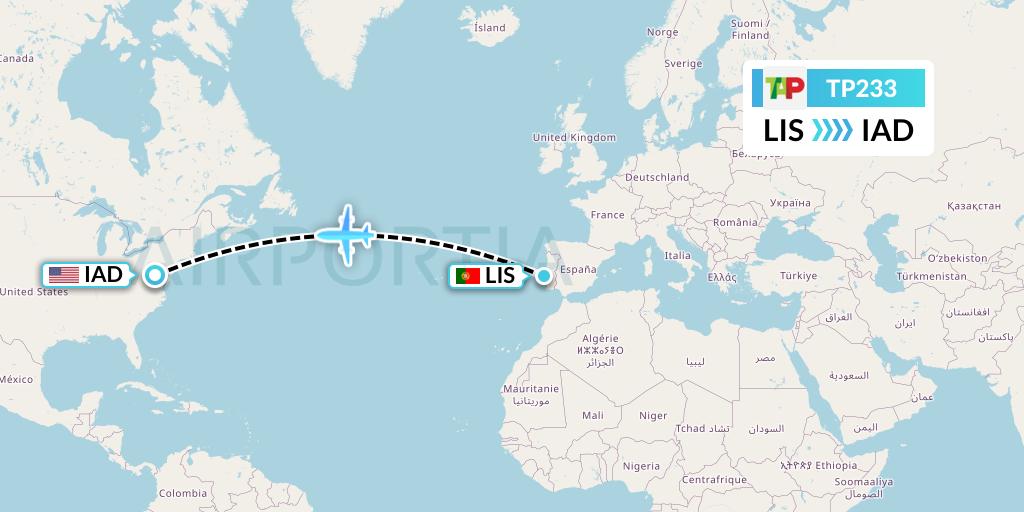 TP233 TAP Portugal Flight Map: Lisbon to Washington