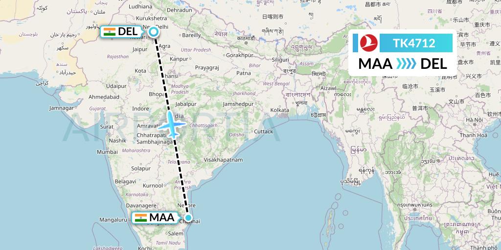 TK4712 Turkish Airlines Flight Map: Chennai to Delhi