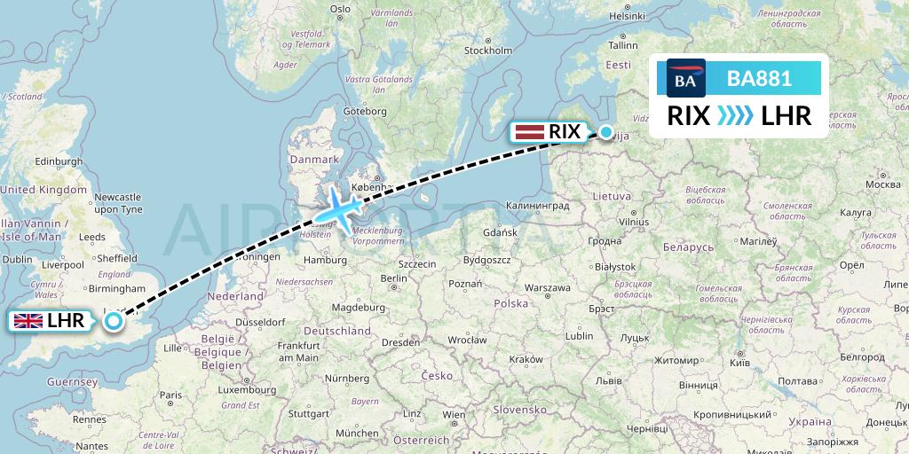 BA881 British Airways Flight Map: Riga to London