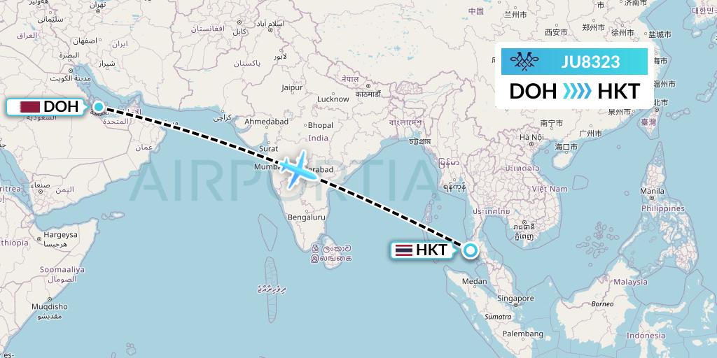 JU8323 AirSERBIA Flight Map: Doha to Phuket