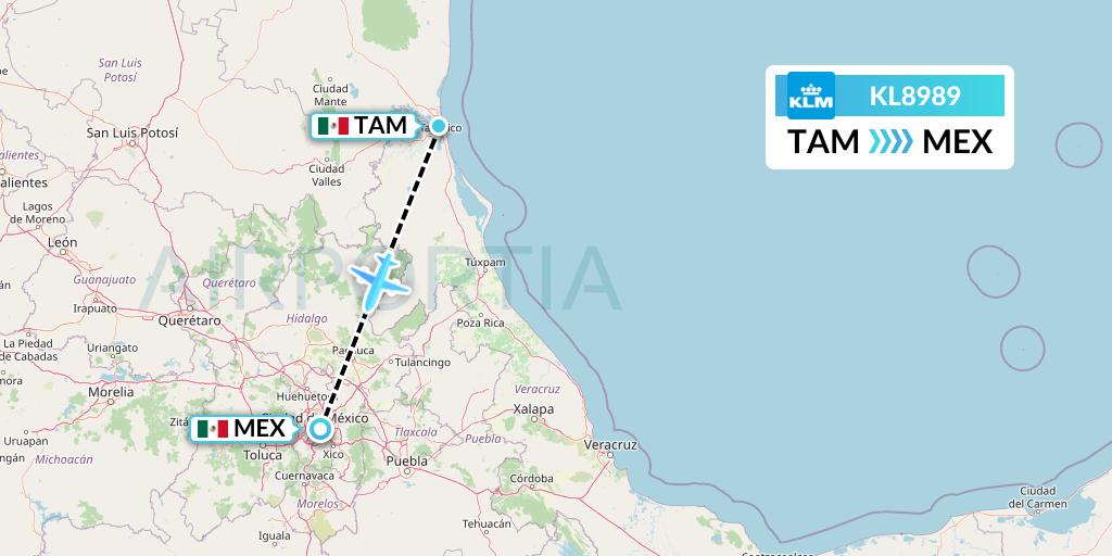 KL8989 KLM Flight Map: Tampico to Mexico City