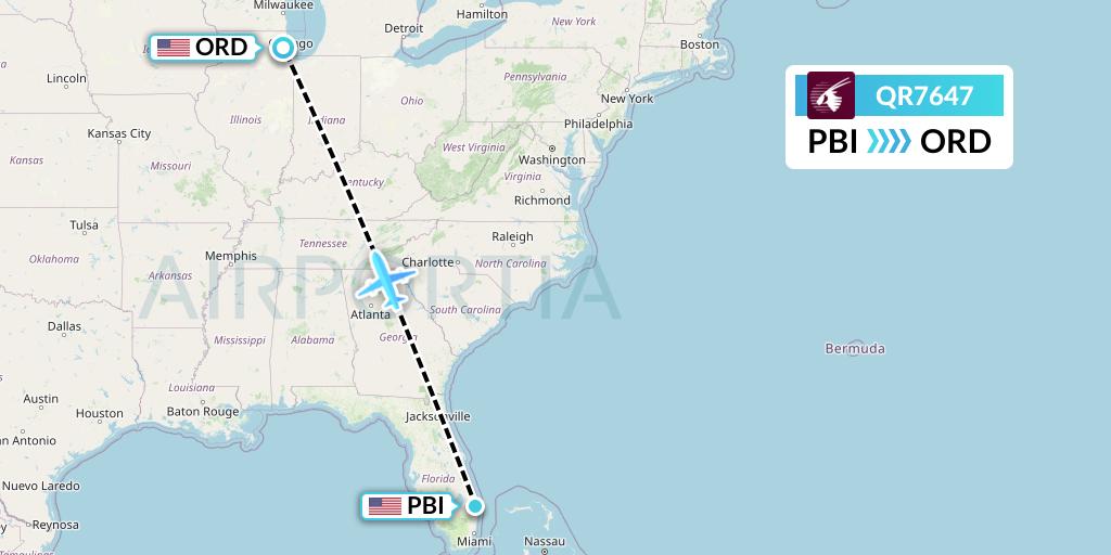 QR7647 Qatar Airways Flight Map: West Palm Beach to Chicago