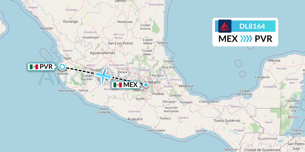 DL8164 Delta Air Lines Flight Map: Mexico City to Puerto Vallarta