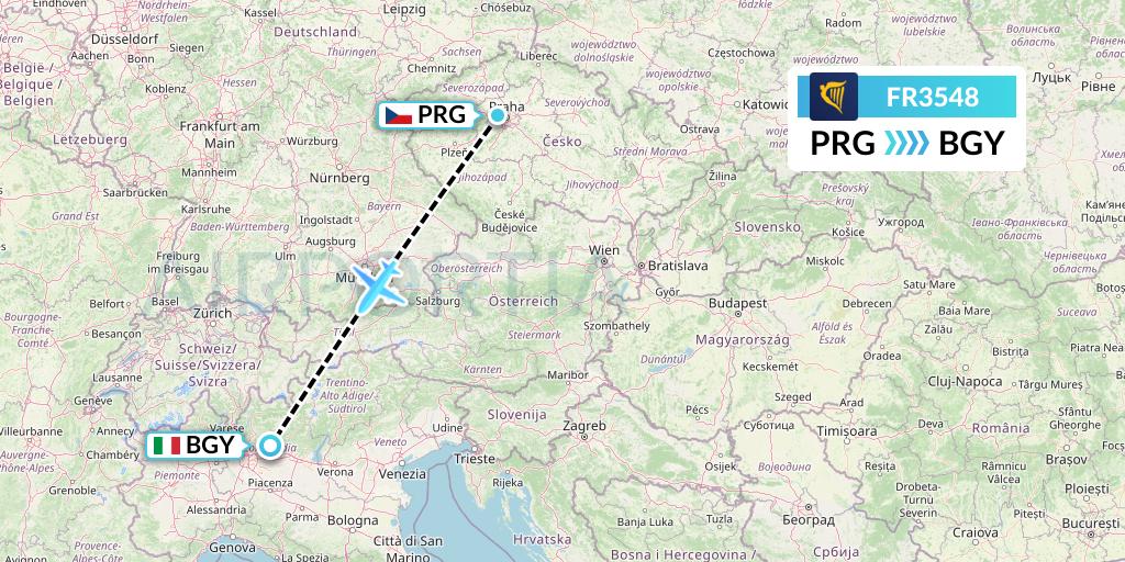 FR3548 Ryanair Flight Map: Prague to Milan