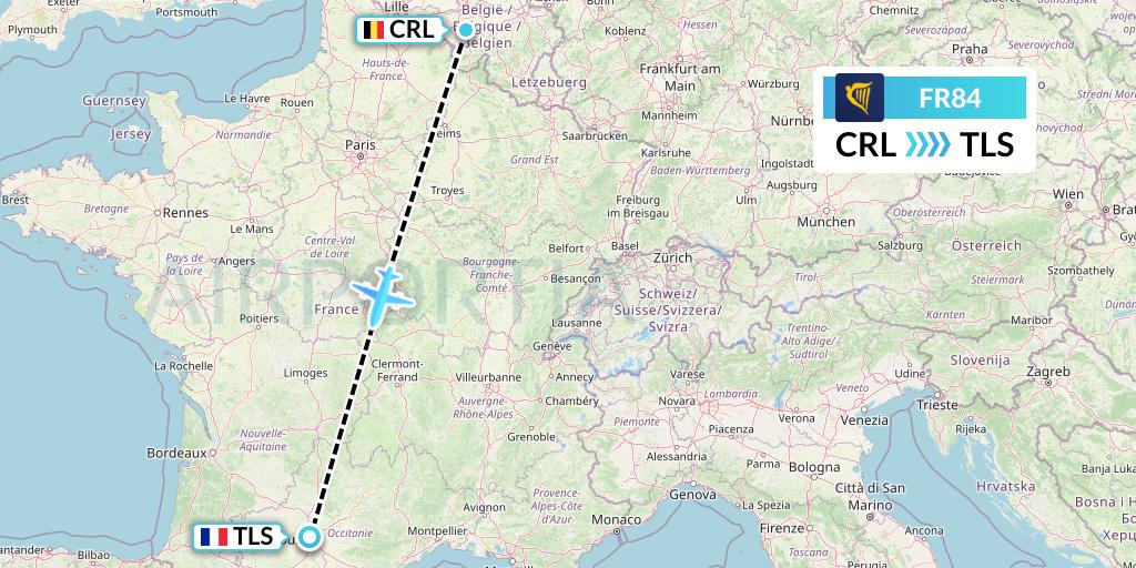 FR84 Ryanair Flight Map: Brussels to Toulouse