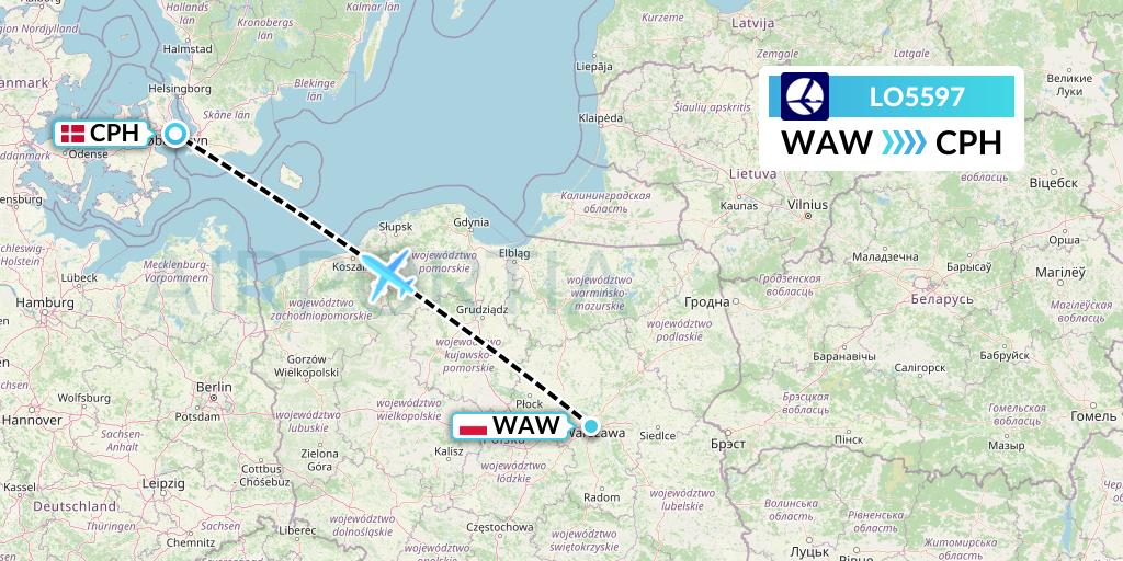 LO5597 LOT Flight Map: Warsaw to Copenhagen