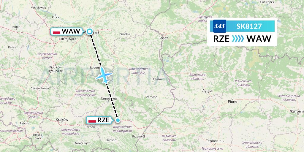 SK8127 SAS Flight Map: Rzeszow to Warsaw
