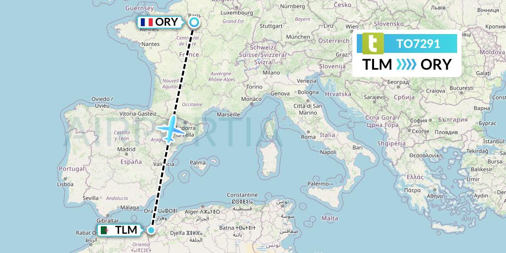 TO7291 Transavia France Flight Map: Tlemcen to Paris