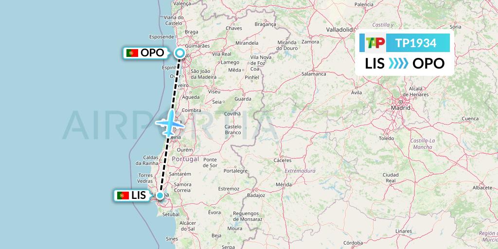 TP1934 TAP Portugal Flight Map: Lisbon to Porto