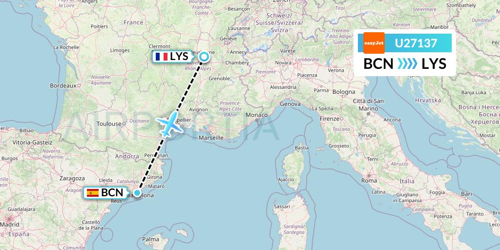 U27137 EasyJet Flight Map: Barcelona to Lyon
