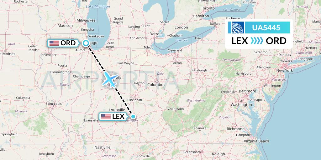 UA5445 United Airlines Flight Map: Lexington to Chicago