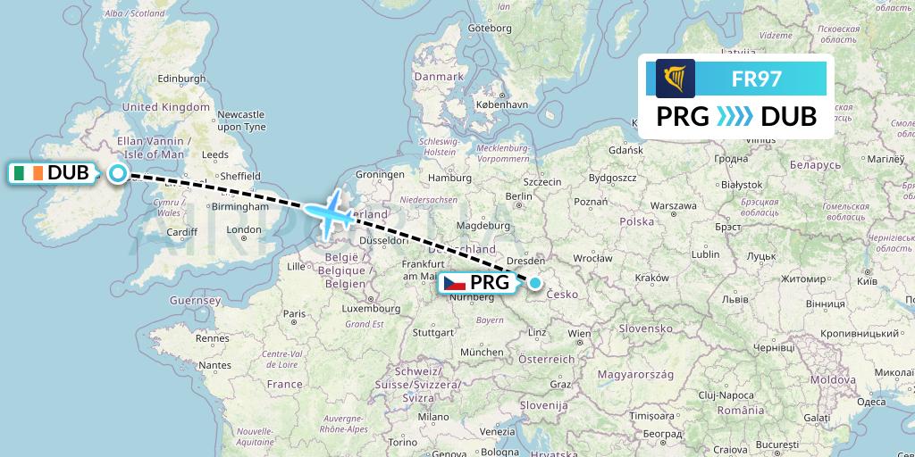 FR97 Ryanair Flight Map: Prague to Dublin