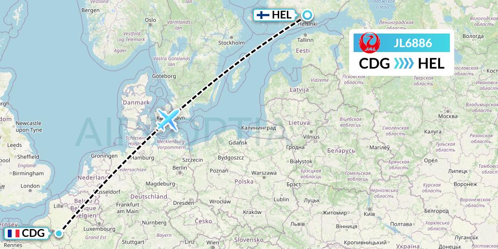 JL6886 Japan Airlines Flight Map: Paris to Helsinki