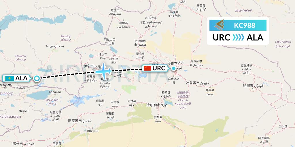 KC988 Air Astana Flight Map: Urumqi to Almaty