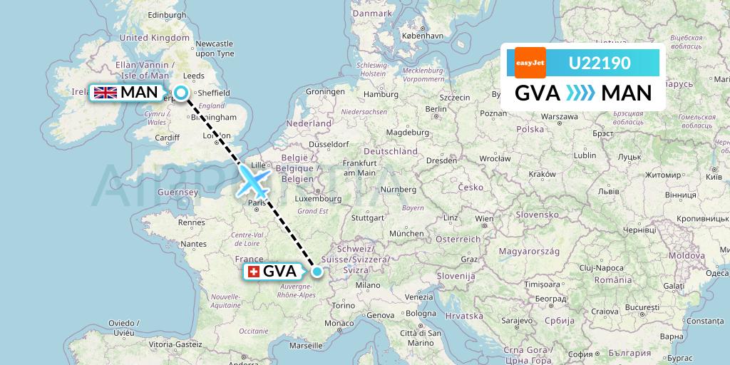 U22190 EasyJet Flight Map: Geneva to Manchester