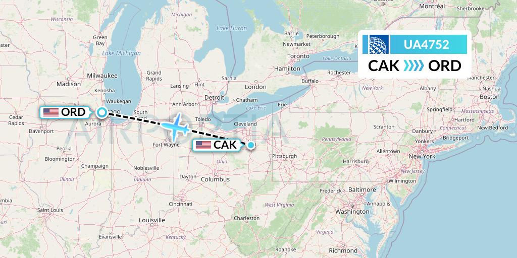 UA4752 United Airlines Flight Map: Akron to Chicago