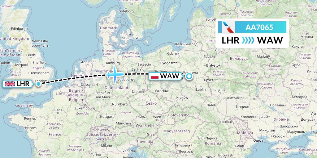 AA7065 American Airlines Flight Map: London to Warsaw