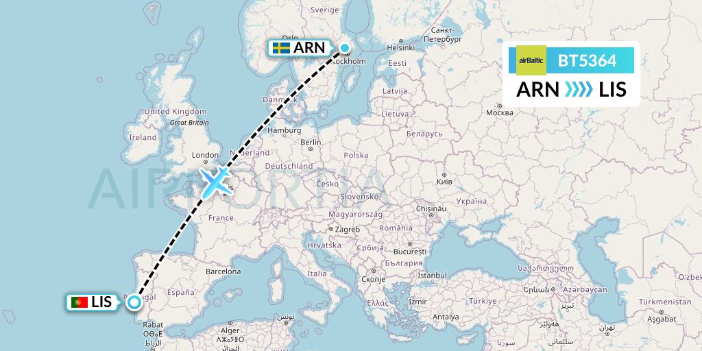 BT5364 Air Baltic Flight Map: Stockholm to Lisbon