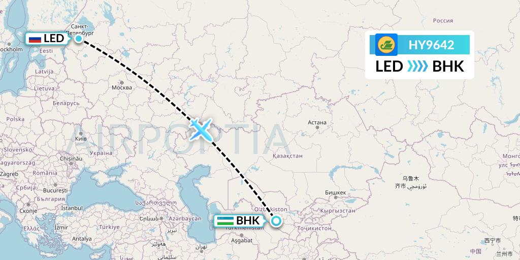 HY9642 Uzbekistan Airways Flight Map: St. Petersburg to Bukhara