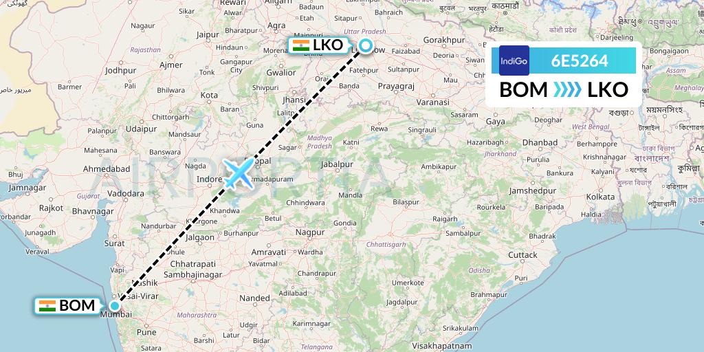 6E5264 IndiGo Airlines Flight Map: Mumbai to Lucknow