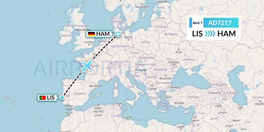 AD7217 Azul Brazilian Airlines Flight Map: Lisbon to Hamburg