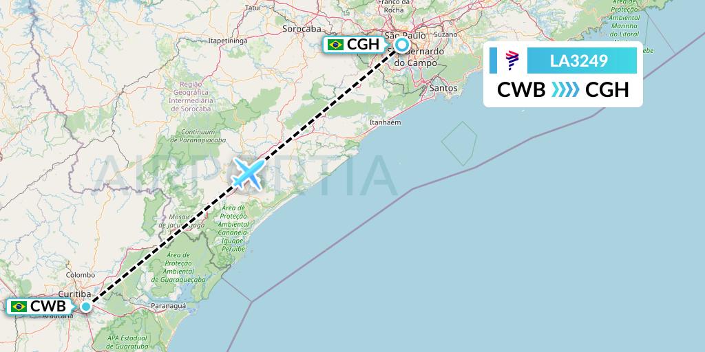 LA3249 LAN Airlines Flight Map: Curitiba to Sao Paulo