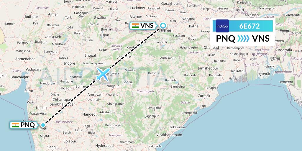 6E672 IndiGo Airlines Flight Map: Pune to Varanasi