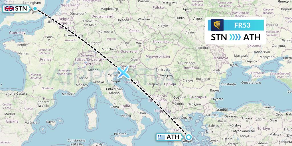FR53 Ryanair Flight Map: London to Athens
