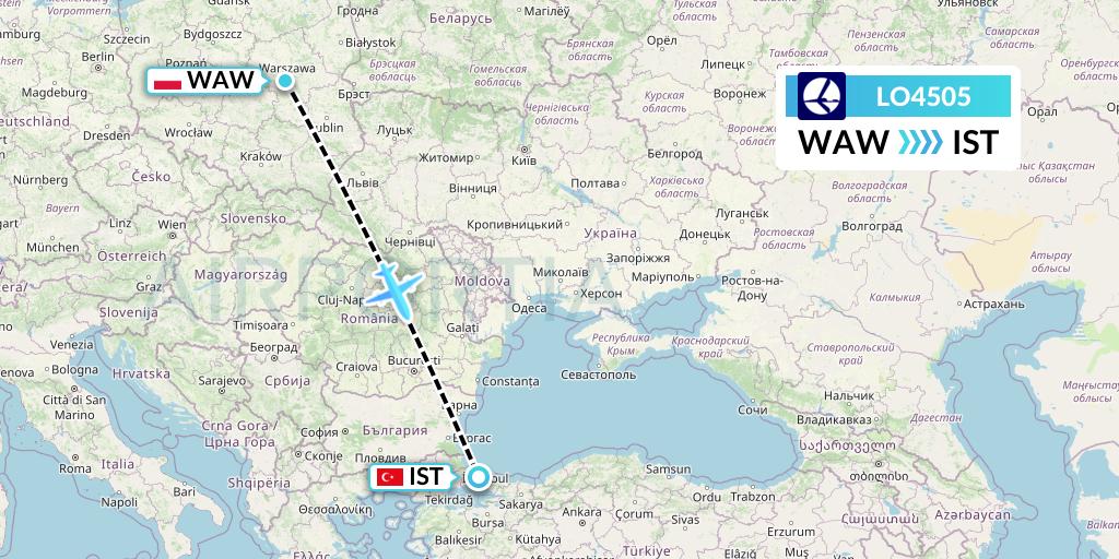 LO4505 LOT Flight Map: Warsaw to Istanbul