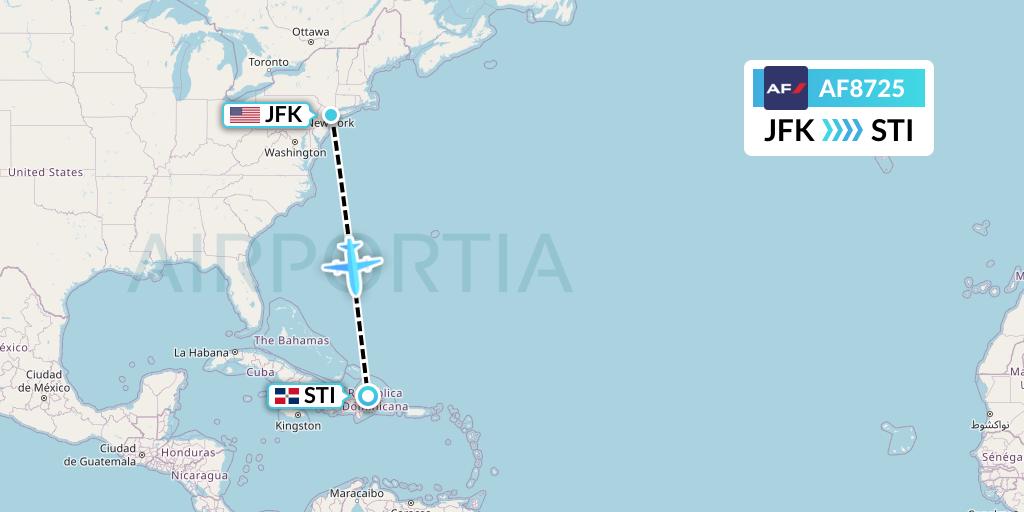 AF8725 Air France Flight Map: New York to Santiago de los Caballeros