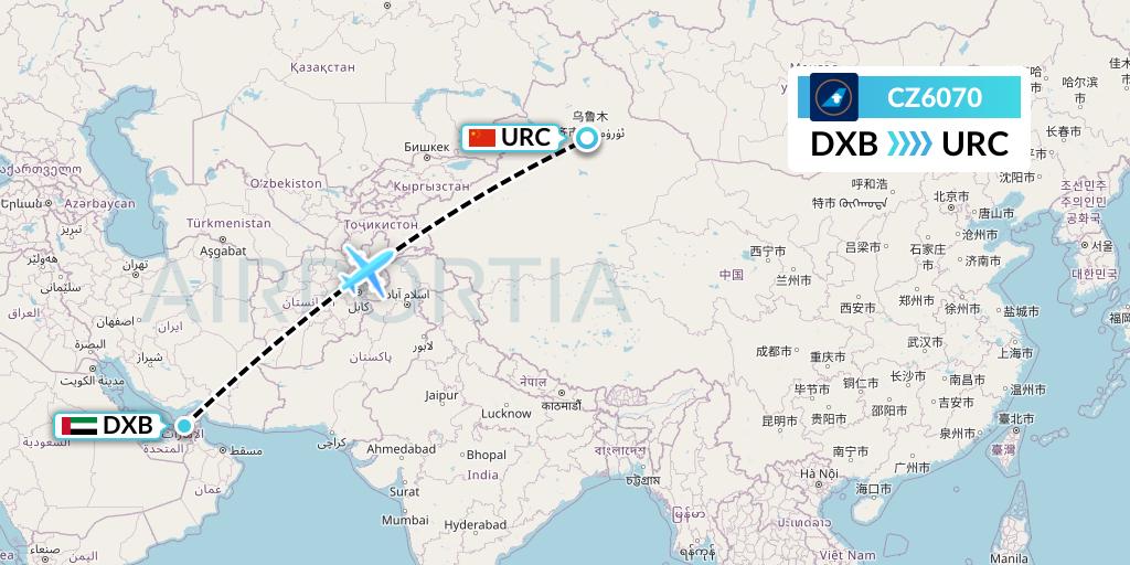 CZ6070 China Southern Airlines Flight Map: Dubai to Urumqi