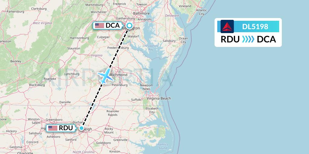 DL5198 Delta Air Lines Flight Map: Raleigh-Durham to Washington
