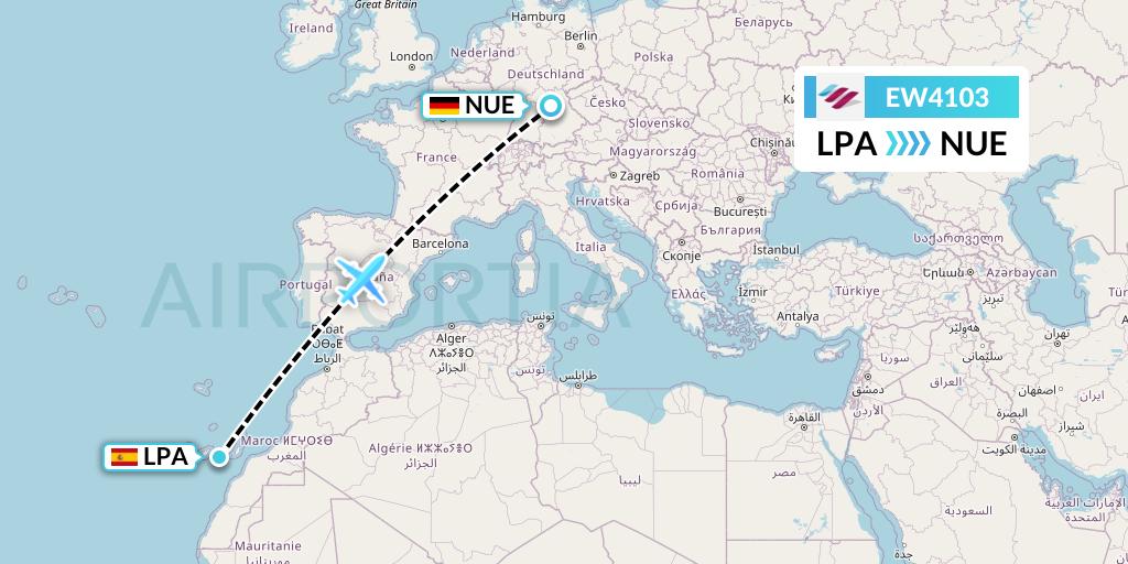 EW4103 Eurowings Flight Map: Las Palmas to Nurnberg